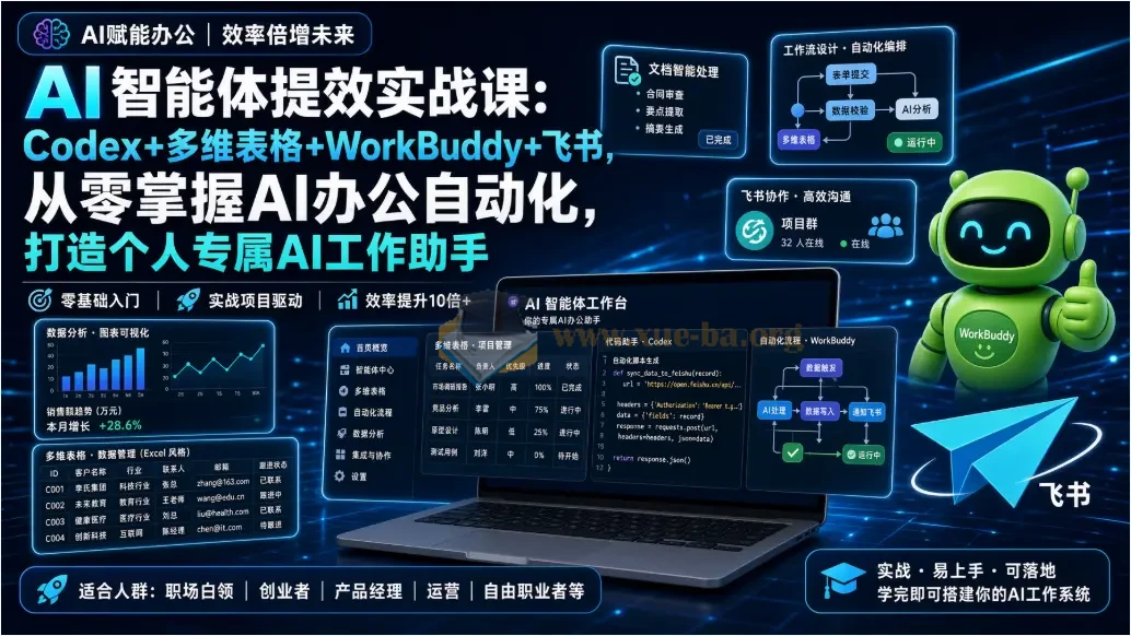 AI智能体提效实战课:Codex+多维表格+WorkBuddy+飞书,从零掌握AI办公自动化,打造个人专属AI工作助手第1张 - 学霸网